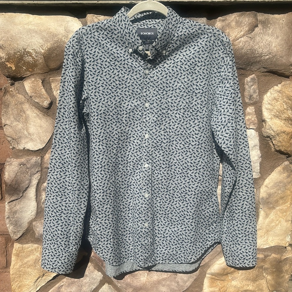 Bonobos Navy Bird Print Button Down Shirt Slim Fit Mens Size Medium Long Sleeve
